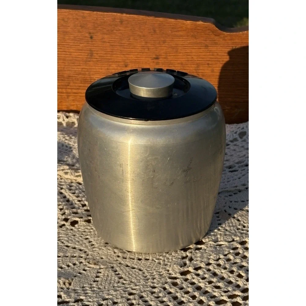 Vintage Kromex Spun Aluminum Coffee Canister With Black Plastic Lid Retro 50's
